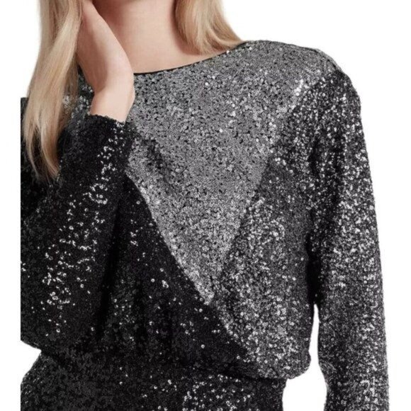 Express Women XS Colorblock Long Sleeves Black Silver Sequin Cocktail Mini Dress - Picture 9 of 11